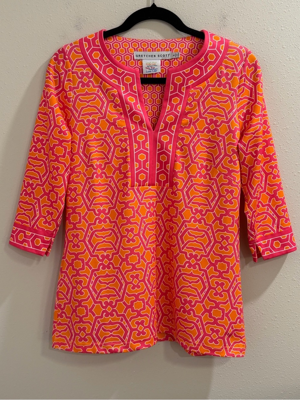 Gretchen Scott Small Pink Orange Geometric Print 3/4 Sleeve Tunic Resort Preppy